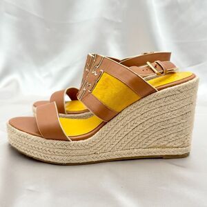 Tory Burch Ines Tan Goldfinch Wedge Espadrille Sandals - Sz 10M
